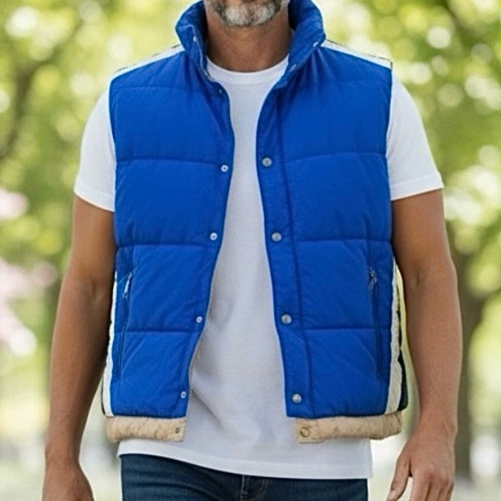 VTG 80’s Mountain Goat White Stag Men’s Blue & Tan Retro Puffer Down Vest ~ L